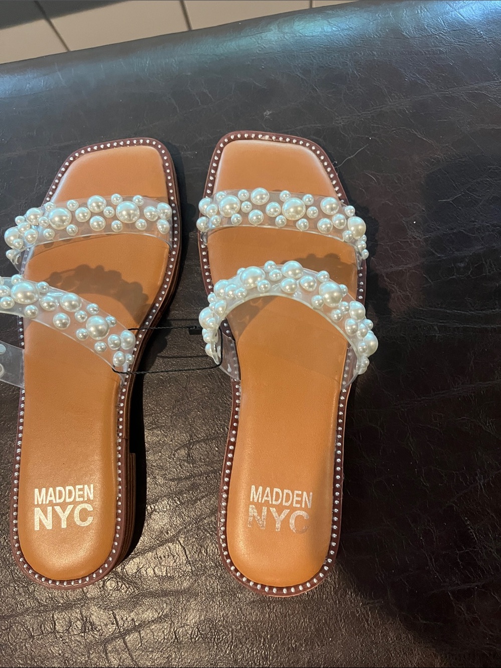 Madden NYC Tan Pearl Double-Strap Slide Sandal